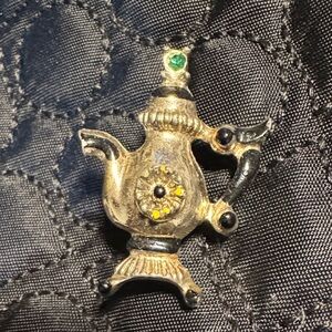 Vintage Gold and Black Teapot Brooch gold tone and enamel with green rhinestone